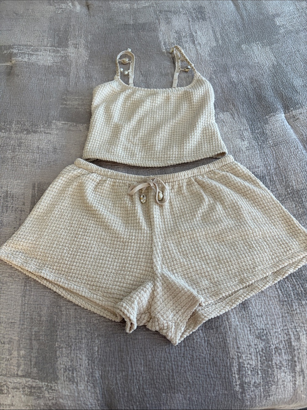 NWOT Wild Fable Matching Set, Waffle Knit Tank/Shorts w Sea Shell/Pearl Details